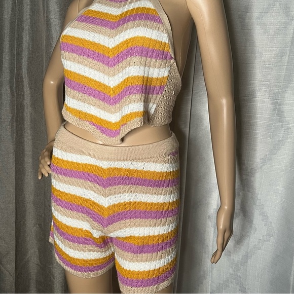 No Comment Striped Knit Halter Top and Short Set Small - Picture 3 of 11